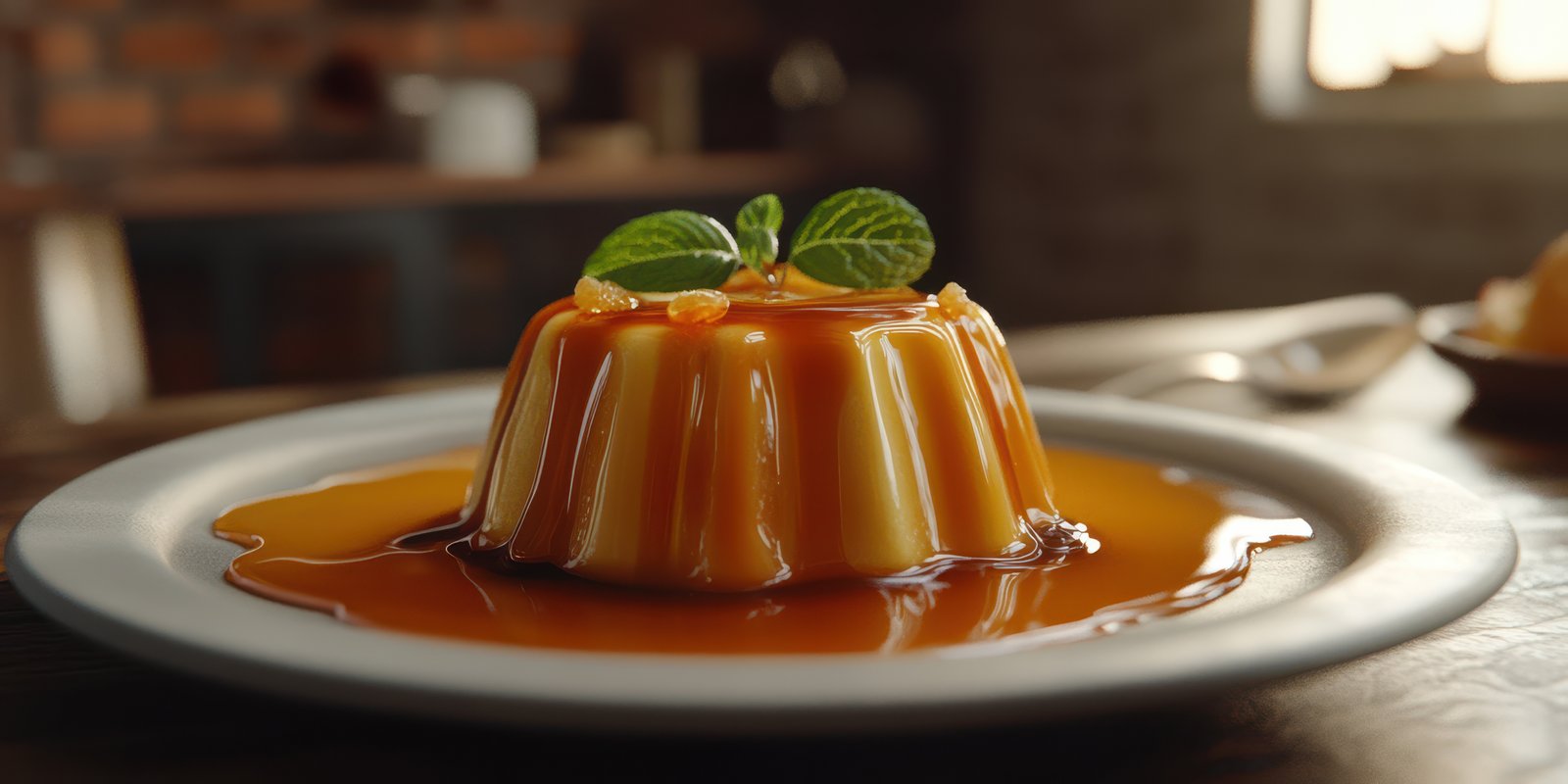 Delicious dessert served on a plate with caramel sauce and mint garnish in a cozy dining setting